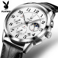 American Brand PLAYBOY Original Men's Watch Waterproof Leather strap Multifunctional Chronograph Anniversary Gift for Men  Calendar Luminous. 