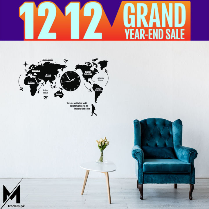 World Map Wall Clock - Best Quality - Mini Size Wooden Clock - Hanging ...