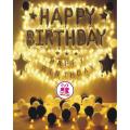 Happy Birthday Grand Decoration Theme Set Golden/Silver/Black/Shining Blue - 13 Pcs Happy Birthday Foil Balloons Set,13Pcs Birthday Card Banner, 4 Star Foil Balloons, 40 Plus Latex Balloons and 2 Golden Fairy Lights Strings For Birthday Party Decoration. 