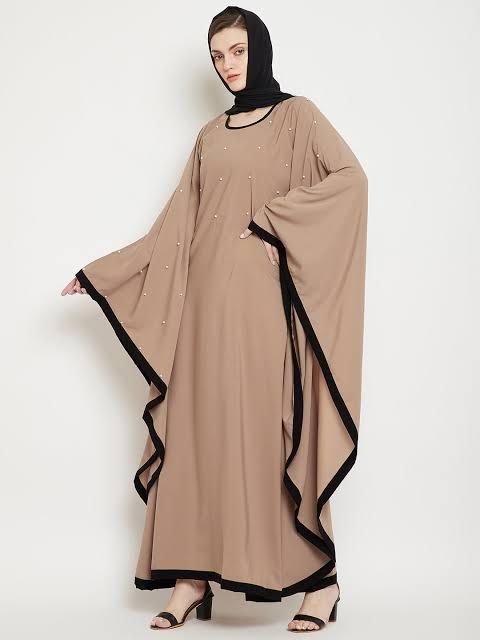 Nabia Pearl Design Beige Solid Butterfly Kaftan Abaya – Full-Length ...