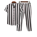 "Men's Fashionable Two-Piece Striped Short Sleeve Shirt and Pants Set - Stylish Casual Outfit". 