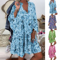 Mini Dress Cactus Print Ruffled Women V Neck Long Sleeve Buttons Dress for Beach. 