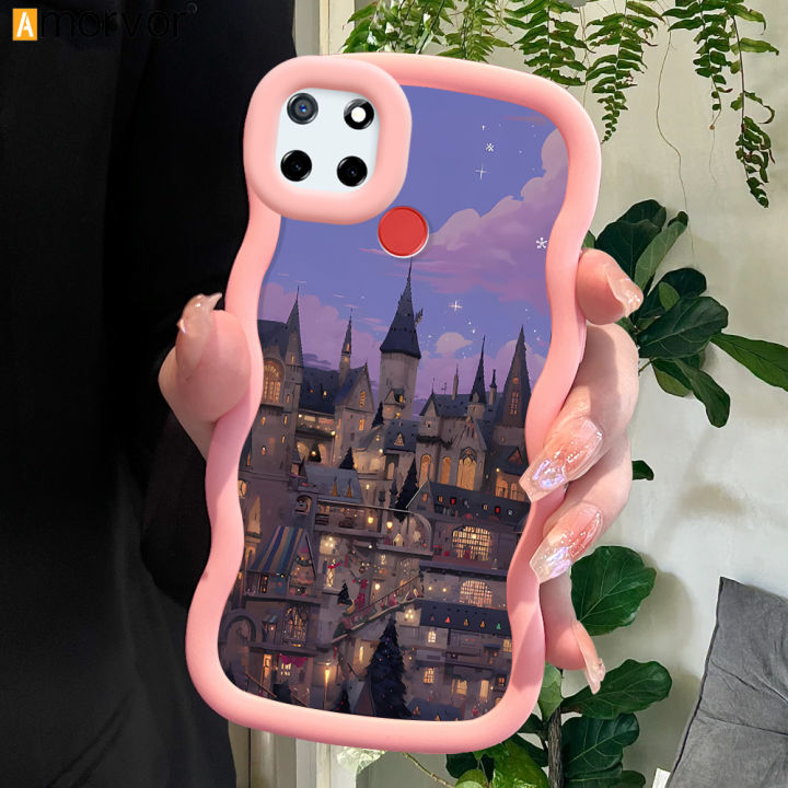 AMORVOR for Realme C15 Back Cover Princess Castle Pattern Luxury Phone Case Macaron Wave Soft Silicone Mobile Cover