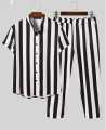 "Men's Fashionable Two-Piece Striped Short Sleeve Shirt and Pants Set - Stylish Casual Outfit". 