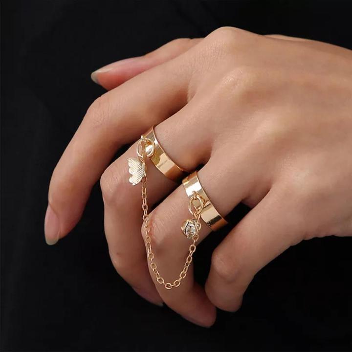 Korean Stylish New Butterfly Two Finger Open Adjustable Ring With Chain Crystal And Fashion Rings For Girls & Women 2pcs/Set