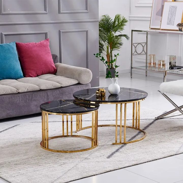 2 pieces center table set round shape with 3 rod wooden marble texture top wrought iron table
