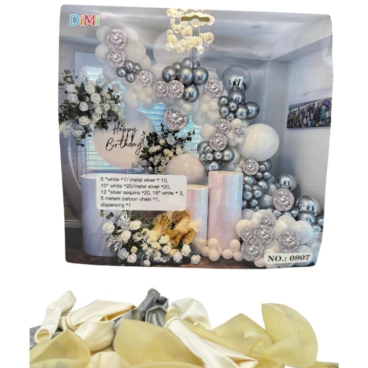 WHITE AND SILVER COLOR THEME PARTY DECORATION BALLOONS SET - LATEX BALLOONS - TRANSPARENT BALLOONS - ARCH TAPE - DOT DOUBLE TAPE