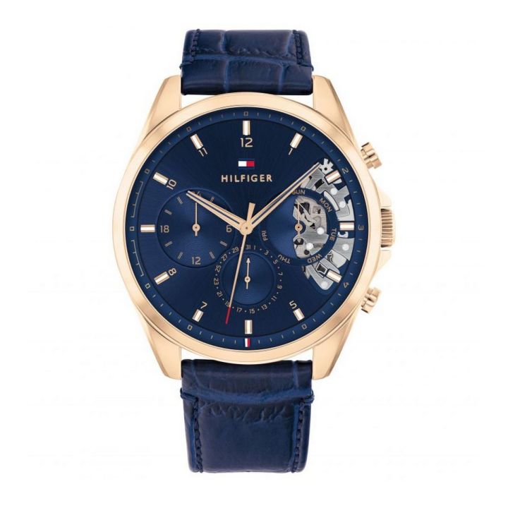 Tommy Hilfiger Wrist Watch For Men Quartz Leather Strap Blue Dial 44mm Watch 1710451
