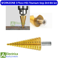 WORKZONE 3 Piece HSS Titanium Step Drill Bit Set – Multi-Size Metal Drilling Tool Kit by Electrica. 