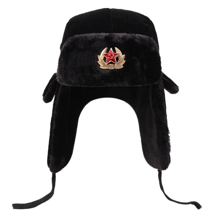 Soviet Military Badge Russian Ushanka Bomber Hat Pilot Hat Faux Rabbit Winter Hat With Fur Earmuffs Snow Hat Cycling Cap Ski Cap