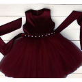Cute Baby Frock with beads 2024 (baby girl fancy dress birthday frock partywear Red and Wine Red Color). 