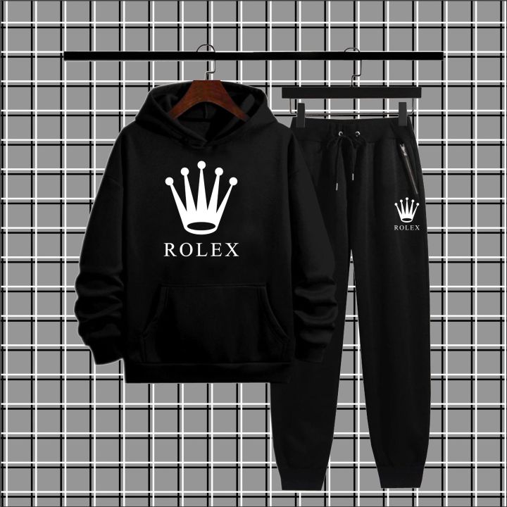 Black Rolex printed 2pc warm fleece pullover Tracksuit For Mens & Boys - Soft & Comfortable Fleece Fabric Hoodies For Mens Kangaroo Hooded Sweatshirt & Trouser For Mens Printed Tracksuit