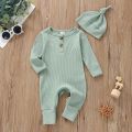 Infant Baby Jumpsuit and Hat Set, Solid Knit Ribbed Long Sleeve Crew Neck Button Romper One-Piece Clothes. 