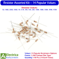 140 Pcs Resistor Assortment Kit 1/4W with 14 Popular Values (1Ω, 100Ω, 220Ω, 330Ω, 1K, 4.7K, 10K, 15K, 22K, 100K, 180K, 330K, 390K, 470K) 10 Pcs Each by Electrica. 