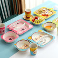 5 Pcs Baby Bamboo Dishes Set Bowl+Spoon+Fork Feeding Food Tableware Eco-friendly Cartoon Animal Kid Feeding Bowl Dinner Plate Gift Set for baby birthday and school (Random Designs). 