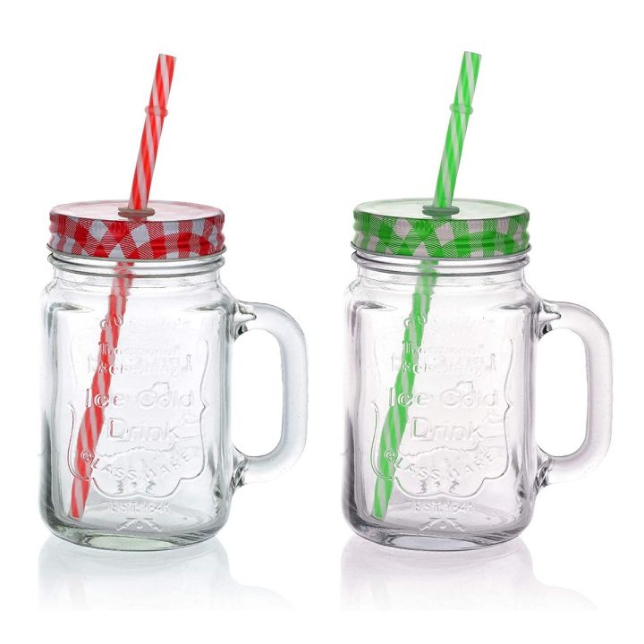 2 Pieces Mason Glass Jar Mug With Straw - 430 ML