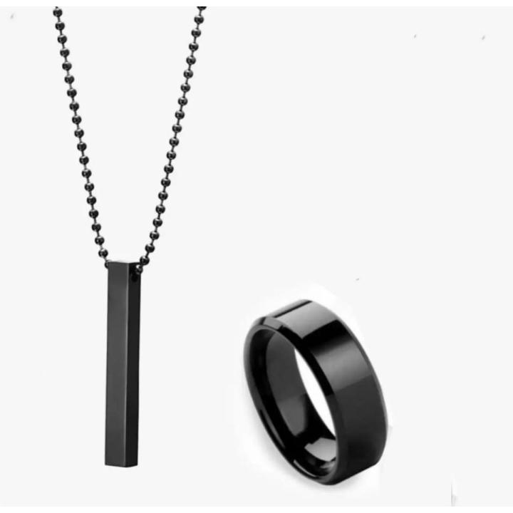 Black Titanium Finger Ring With Cuboid Rectangle Neck Pendant Chain Necklace For Boys And Men (Pack Of 2)
