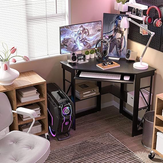 Corner Computer Desk with Keyboard & Storage Shelves