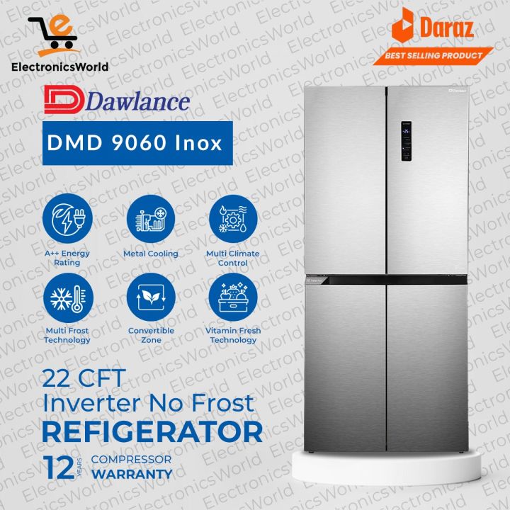 Dawlance Refrigerator | Model DMD-9060 Inox Inverter No Frost Refrigerator  Glass Door (Side By Side ) / 22 Cubic Feet Extra Large size/ with 20 Years Compressor  Warranty