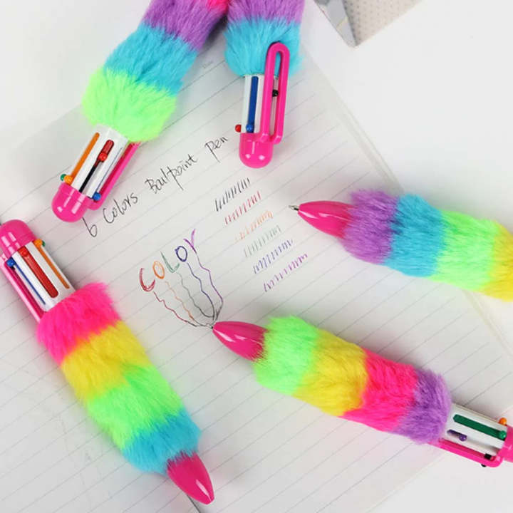 Rainbow Fur Pen Multi Color 6-in-1 Pen Fuzzy Pom Pom Pens Colorful Kawaii Stationery Best Stationery Gift For Girls