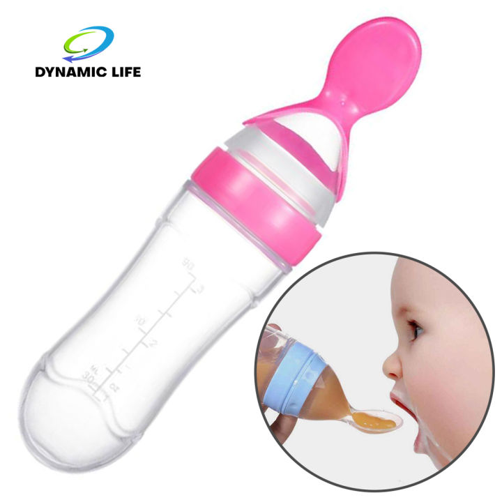 Dynamic Life Baby Silicone Squeeze Feeding Bottle with Spoon Food Rice Cereal Feeder 90ML| Silicone Baby Spoon Feeder| Spoon Feeder for baby| Newborn Infant Squeeze Spoon Toddler Food Supplement Rice Cereal Bottle Milk Feeder