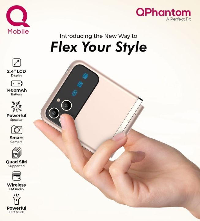 Qmobile Phantom - Iphone Style Camera - Flip Mobile - 4 Sims Support - Official PTA Approved - 2.4 Inch Display - 1400mAH Battery - Type C charging - Wireless FM Radio -  Powerful Torch Light - 1 Year brand warranty