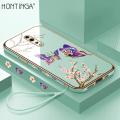 Hontinga for OPPO Reno Z Back Cover With Lanyard Luxury 6D Plating Shiny Pretty butterfly Case Soft Silicone Square Mobile Cover. 