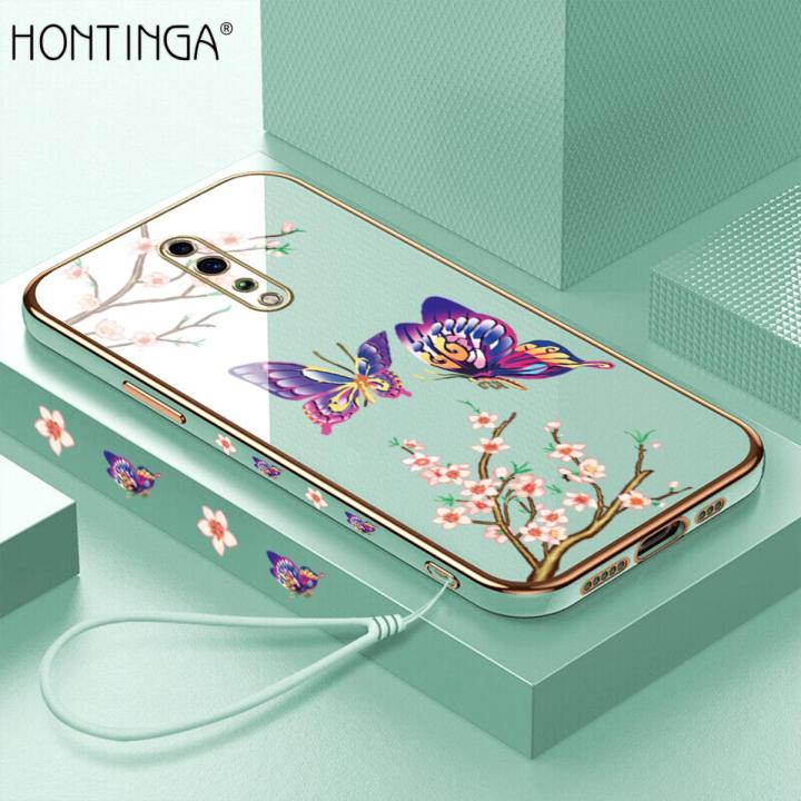 Hontinga for OPPO Reno Z Back Cover With Lanyard Luxury 6D Plating Shiny Pretty butterfly Case Soft Silicone Square Mobile Cover