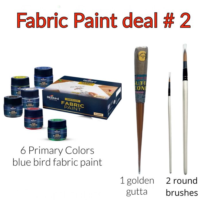 Fabric paint Deal no 2: BlueBird fabric paints set of 6 x 25ml Primary colors, 1 golden gutta cone by color chem, Two fabric paint brushes