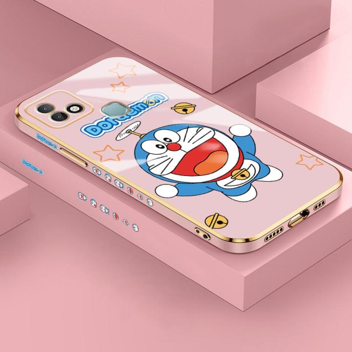 YIWESAN Case For Infinix Smart 5 Pro Case Cartoon Doraemon Cat Side New Design Phone Case Square Edge Pattern Silicone Softcase Luxury Plating Casing Full Cover Camera Shockproof Protection Cases