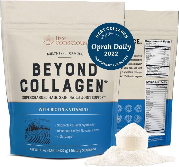 Live Conscious Beyond Collagen Multi Collagen Powder for Women w/Types I, II, III, V & X - Keto Friendly, Hydrolyzed Collagen Peptides Powder Blend w/Biotin & Vitamin C 41 Servings 427gm