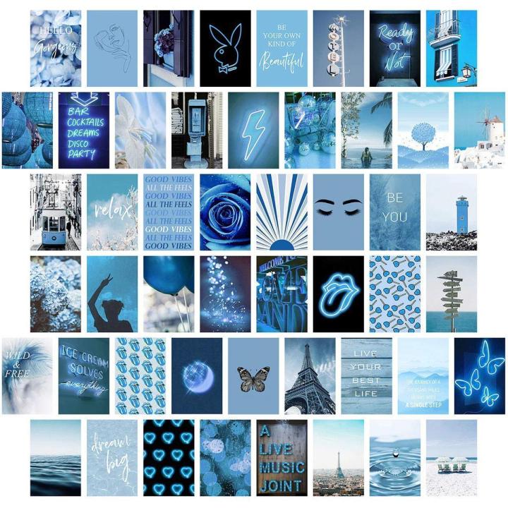 Pack of 50 Lake Blue Wall Collage Kit Aesthetic Pictures, Bedroom Decor for Teen Girls, Wall Collage Kit, Collage Kit for Wall Aesthetic, VSCO Girls Bedroom Decor, Aesthetic Posters, Collage Kit