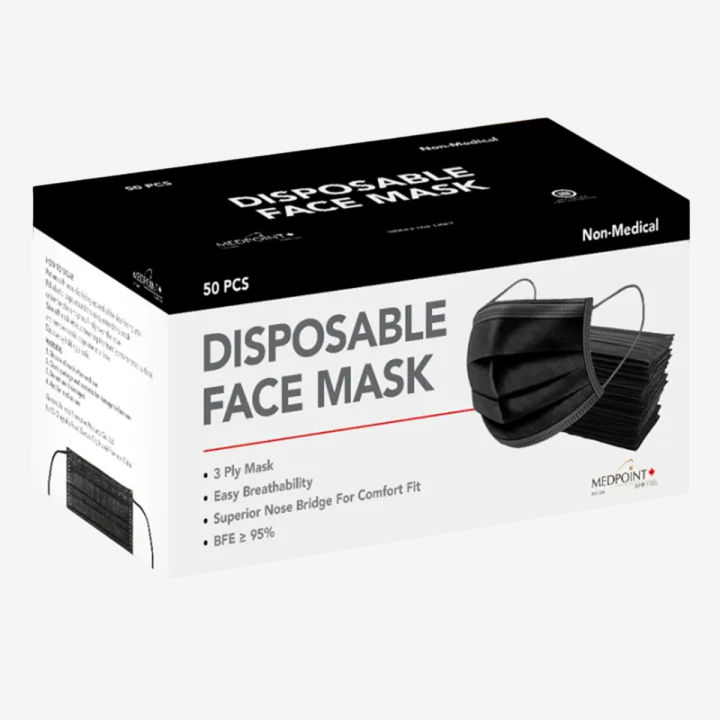Disposable Face Mask Black 3 Protective Layers, Nose Pin Cover , 50 Pcs-Pack of Box Adult