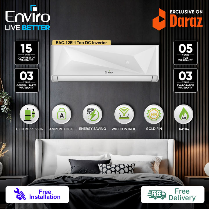 Enviro DC Inverter AC 1.0 Ton T3 Compressor | R410 Gas - Energy Efficient 75% Saving | WiFi Smart AC Pakistan | Heat & Cool | Ampere Lock | Self Cleaning | Free Installation |  15 Years Warranty (EAC-12 ECO)