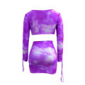 2Pcs Ladies  Top Short Skirt Set, Summer Unique Printing Strapless Long Sleeve Lace Up Crop Top + Ruched Mini Skirt Kit. 