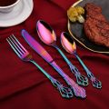 【HOT】 Vintage Western Gold Plated Cutlery Dining Knives Forks Teaspoons Set Golden Luxury Dinnerware Engraving Tableware Utensils Set. 
