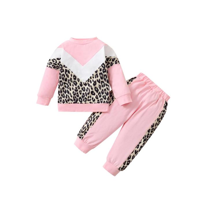 Baby House Children Leopard Print Clothes Set Girls Contrast Color Long Sleeve O neck T shirt Elastic Waist Trousers Daraz.pk