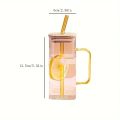 Techmanistan Random Color 400ml Square Glass Mug With Handle, Straw & Wooden Lid, Drinking Glass, Adorable Glass Cups with Lids and Straw, Glass Tumbler Coffee Cup Coffee Mug. 