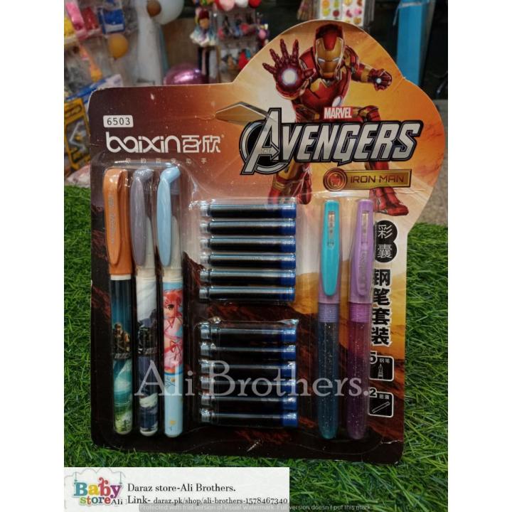 Advenger Ironman 3 Nos Pen, 2 Nos Water Glitter Pen For Multi Writing (English & Urdu) Wingsing Nub With 12 Nos Cartridge Imported Made