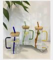 400ML Creative Square Straw Mug Modern Fashion Juice Cup,Single Colored Handle Layer Drinking Glass Cups, Straw & Wooden Lid  For Soda Iced Coffee Milk Bubble Tea Water - Random Color. 