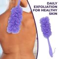 Decor Rack Bath Sponge with Handle, Shower Loofah Brush, Back Cleaning Scrubber, 8” Long Curved Handle, Exfoliate, Rejuvenate Skin, Body Bathing Sponge with Long Mesh Pouf. 