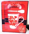 Beautiful Gift Pack Coffee Cup / Tea Mug with Spoon & Cupcap Lovely Red Heart Print. 