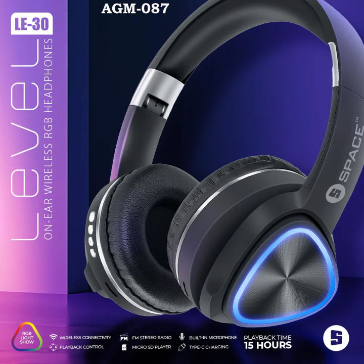Level On Ear Wireless RGB Headphones Space LE-30 | 12 Month Warranty | Built In Micro Phone | Micro SD Player | Wireless Connectivity | Playback Time 15 Hours