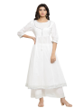 White kalliyan style anarkali frock with plazzo bottom stitched two-piece suit. 