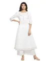 White kalliyan style anarkali frock with plazzo bottom stitched two-piece suit. 