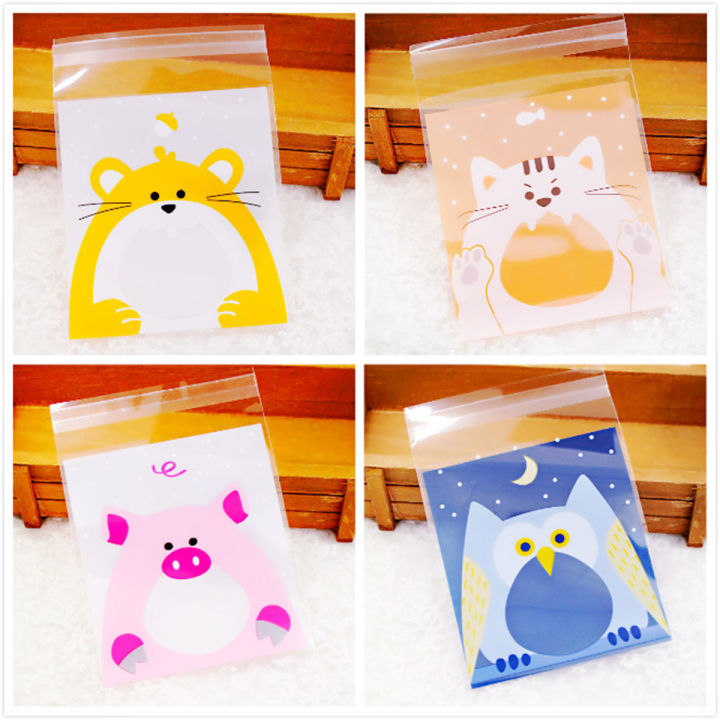 100PCS Cute Animals Candy Cake Biscuits Cookies Packaging Bags Self-adhesive Plastic Gifts Bags Party Birthday Snack Baking