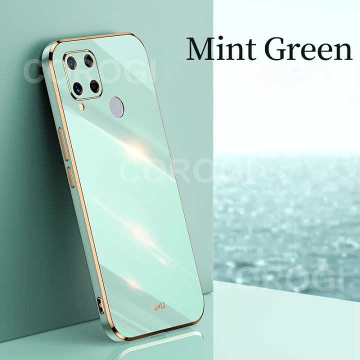 For Realme C15 Back Cover Luxury 6D Plating Soft Case Camera Lens Protection Square Frame Silicone Glossy Shockproof Mobile Phone Cases