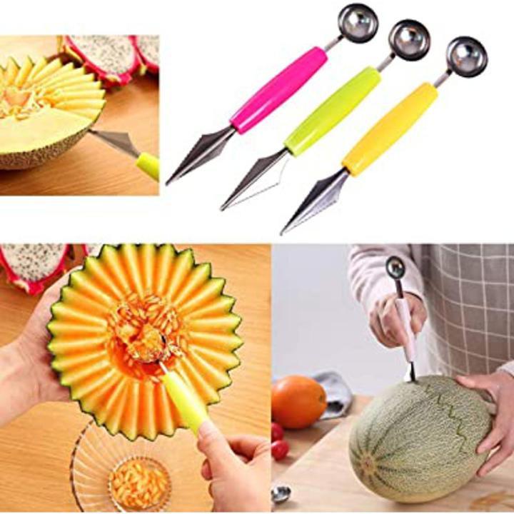 2 in 1 Melon Baller Scoop, Stainless Steel Fruit Carving Knife Ice Cream Scooper Kitchen Tool for DIY Fruit Salads and Desserts