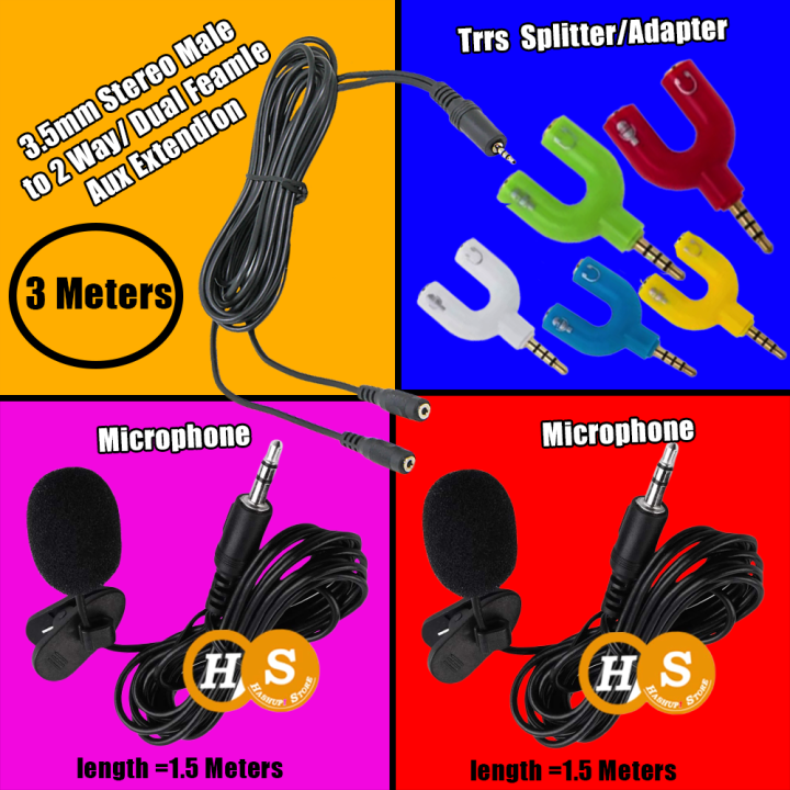 Dual 3.5mmCollar Microphonefor Video Recording Universal Collar Mic For Mobile Smart Phone PC Laptop DSLR - 2 Mic With TRRS Cable With TRS 3.5mm 3 Meter cable & Audio Splitter dual microphone for mobile