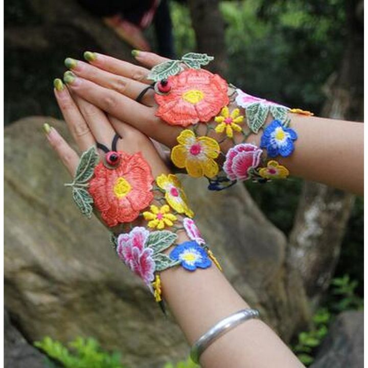 Women's Flower Embroidery Fingerless Glove Female Spring Summer National Glove R2072